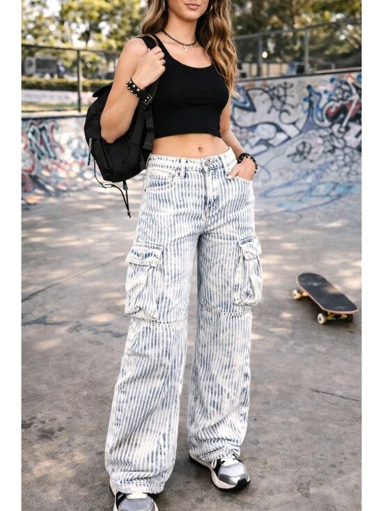 wild fable Denim - Wild Fable Baggy Cargo Jeans Wide Leg Y2K Skater Grunge Streetwear Striped Sz 4